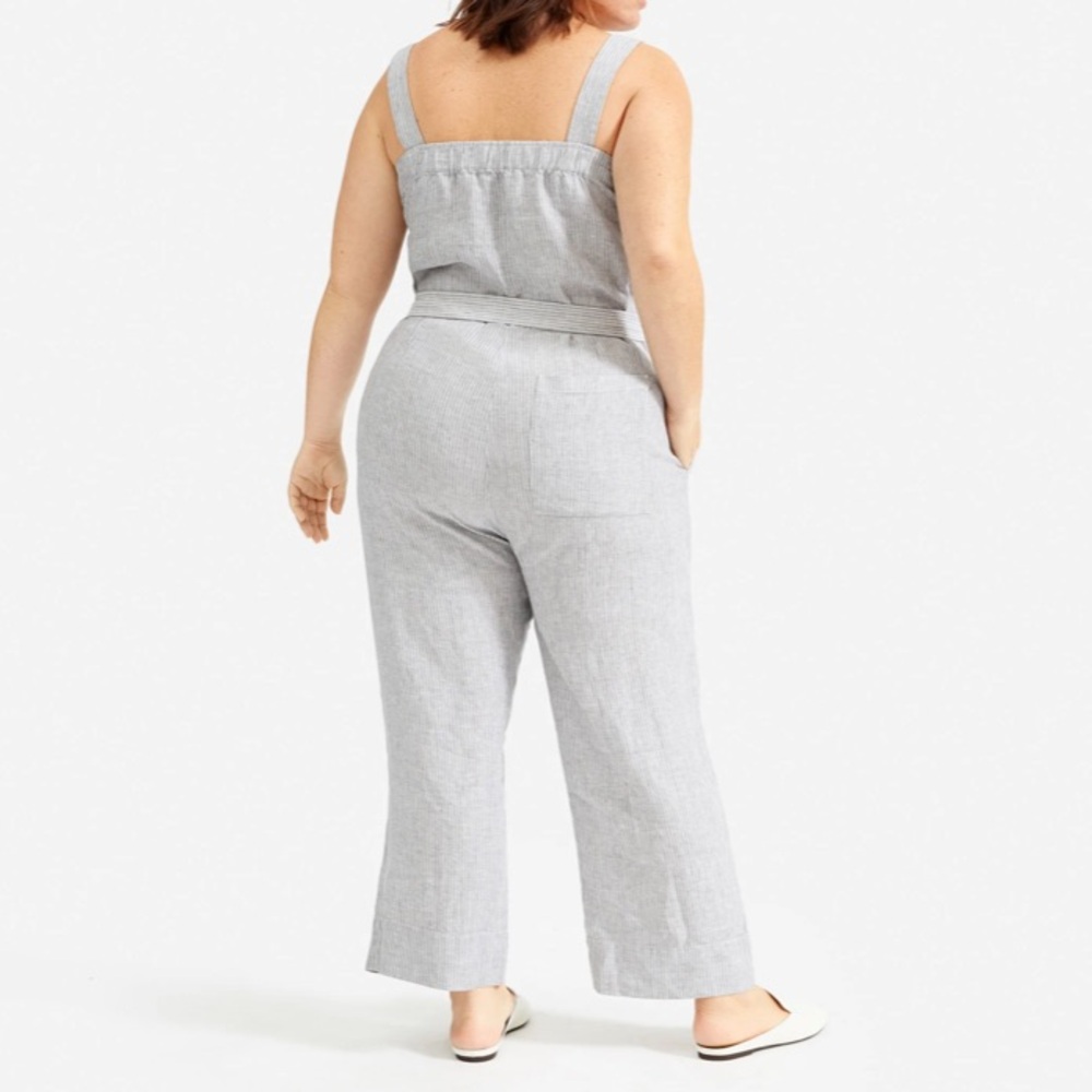 Everlane Striped Railroad Linen Women's Gray Jumpsuit Square Neck Tie XL - Picture 2 of 3